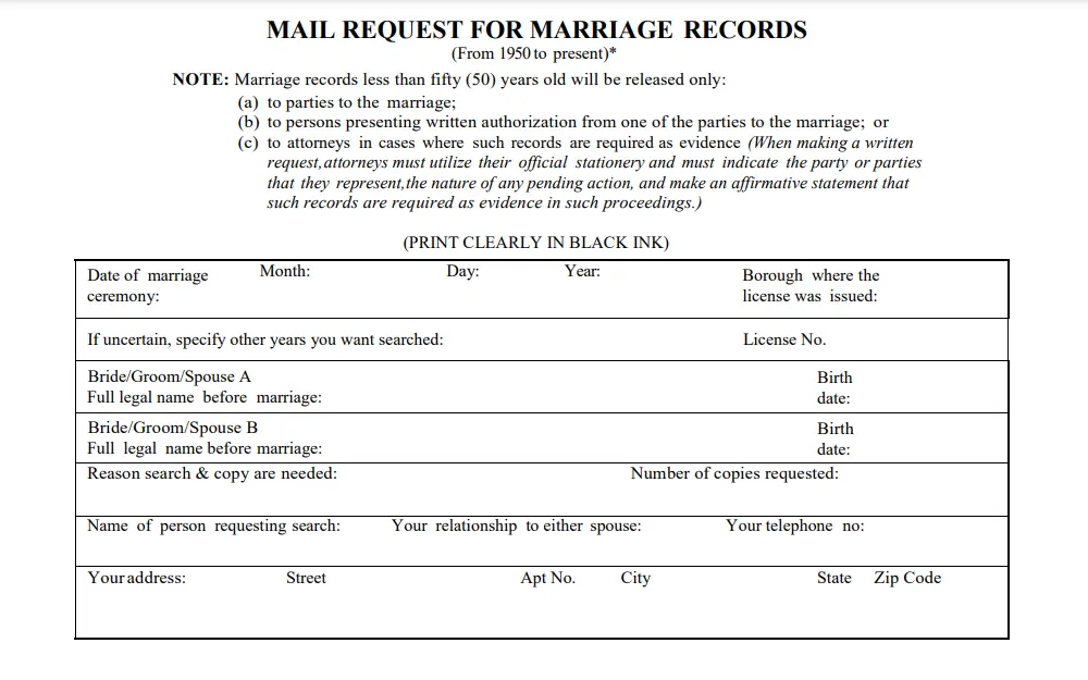 A screenshot of the 'Mail Request for Marriage Records' from the City Clerk of New York requires requestors to provide the necessary information to obtain documents.