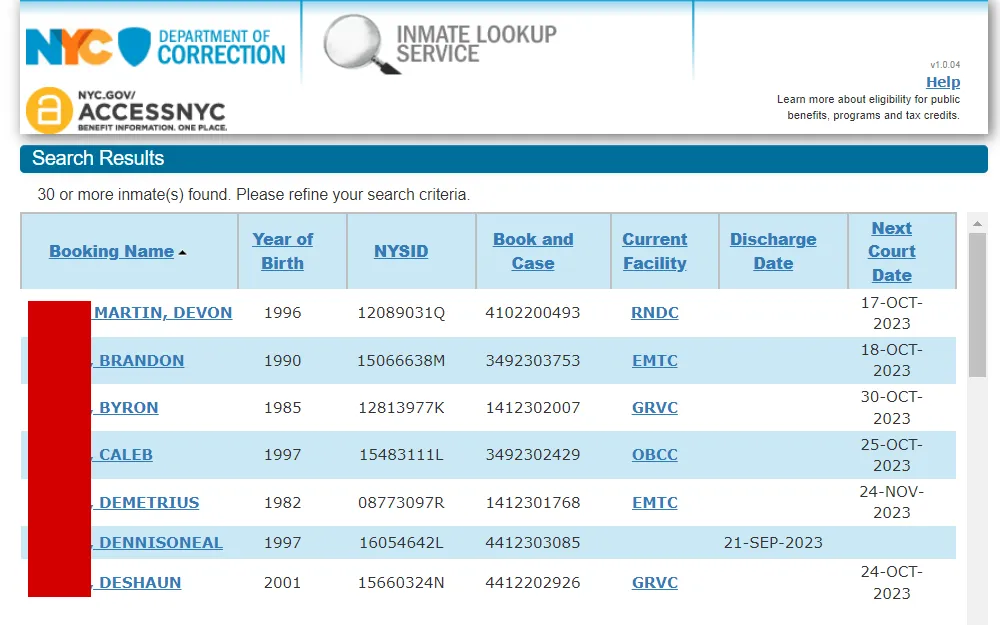 A screenshot of the list of cases from the result of the NYC Department of Correction search, with each person's booking name, YOB, NYSID, book/case no., current facility, discharge date and next court date.