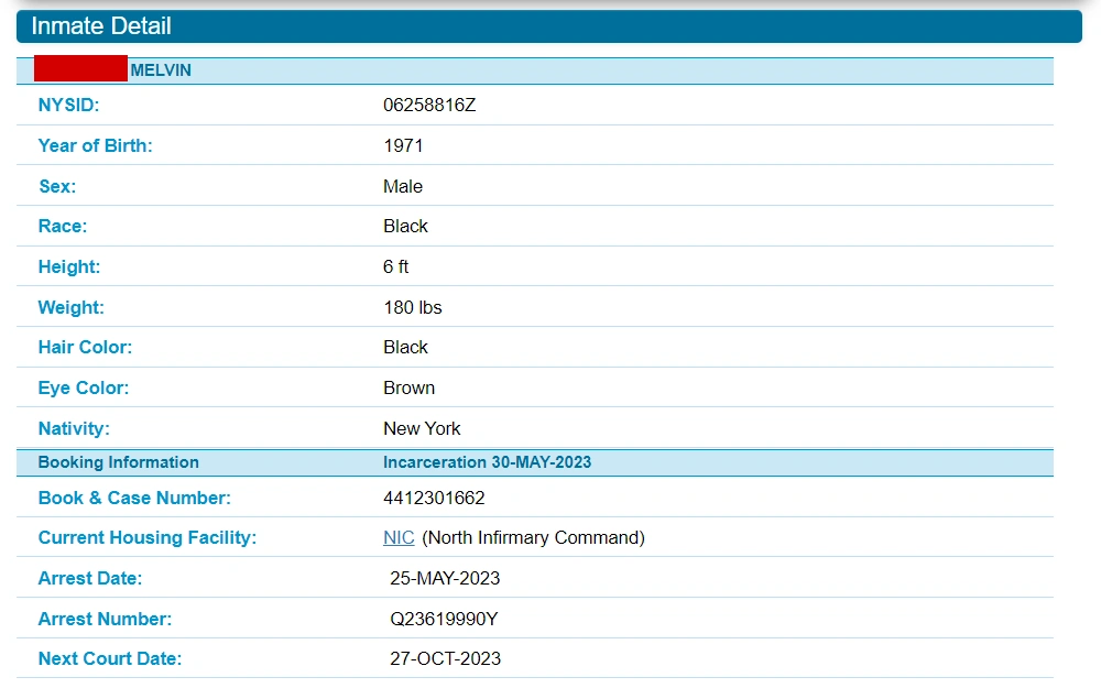 A screenshot of the results on an inmate search from the NYC Department of Correction page shows inmate information such as full name, NYSID no., Year of Birth, sex, race, physical features and booking information.