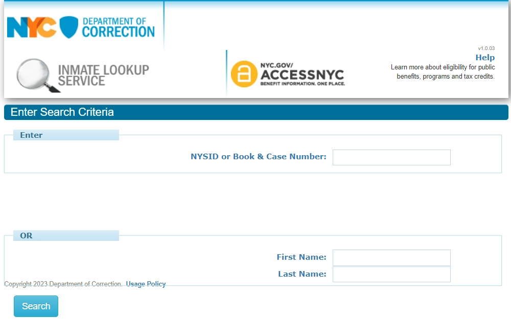 A screenshot of the Inmate Lookup Service provided by the NYC Department of Correction displays two options to search: NYSID or Book & Case Number or By Name.