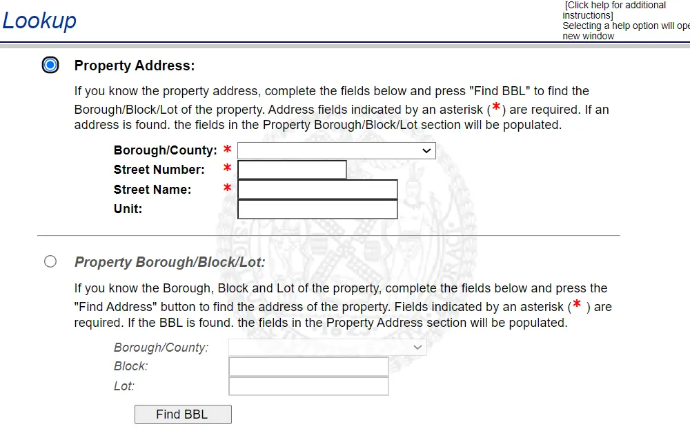 A screenshot of the Property Lookup page from the NYC Department of Finance website displays two options to search: By Property Address or By Property Borough/Block/Lot, along with the required fields.