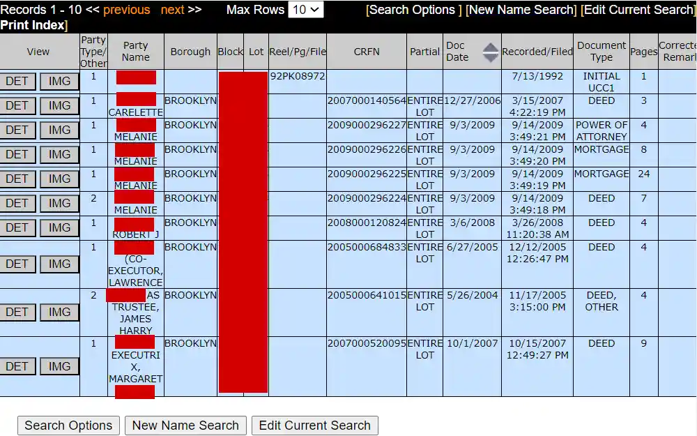 A screenshot of the Automated City Register Information System (ACRIS) search results displays the list of property documents, including party name, address, CRFN, doc type/date, recorded/filed date, pages and buttons to view more details and images.