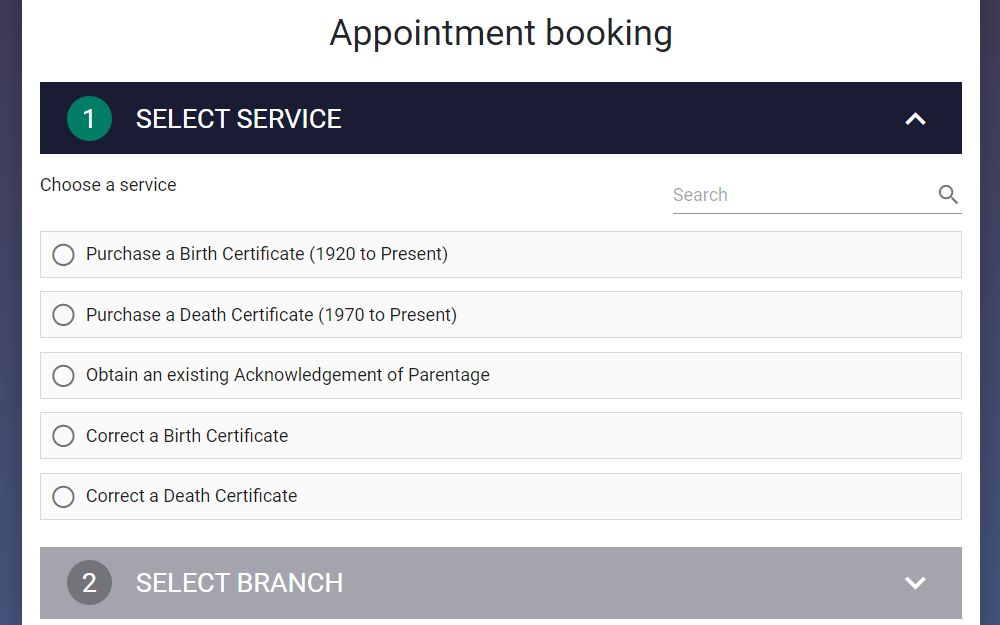 A screenshot of the appointment booking page from the New York Department of Health displays the two steps to schedule an appointment: 1 - Select Service and 2 - Select Branch.