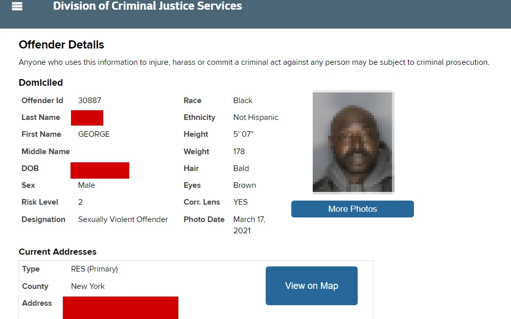 A screenshot of the New York Division Of Criminal Justice Services page displays sex offender details, including offender ID, full name, mugshot, DOB, sex, risk level, designation, physical features and current address.