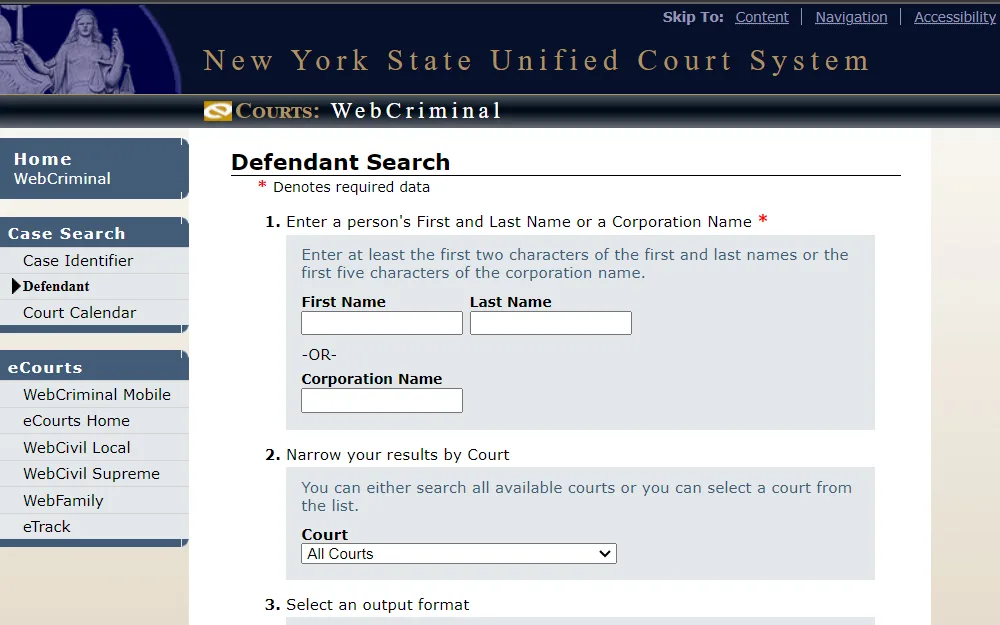 A screenshot of the New York State Unified Court System displays the defendant search page requiring users to input the defendant's full name, narrow results by selecting courts, and select results format.