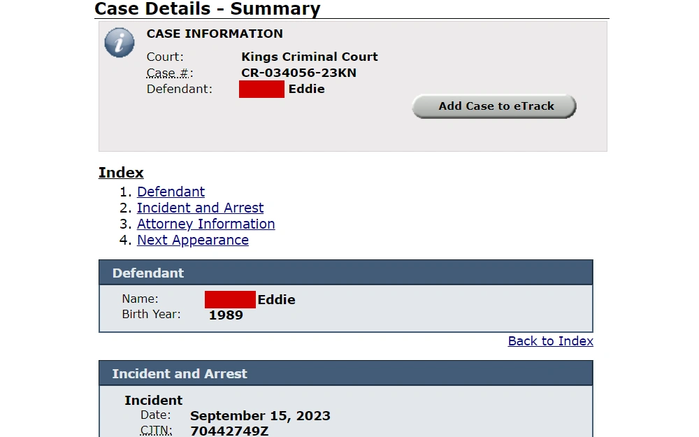 A screenshot of the search results of the New York State Unified Court System displays case information, including the Defendant and Incident and Arrest details.