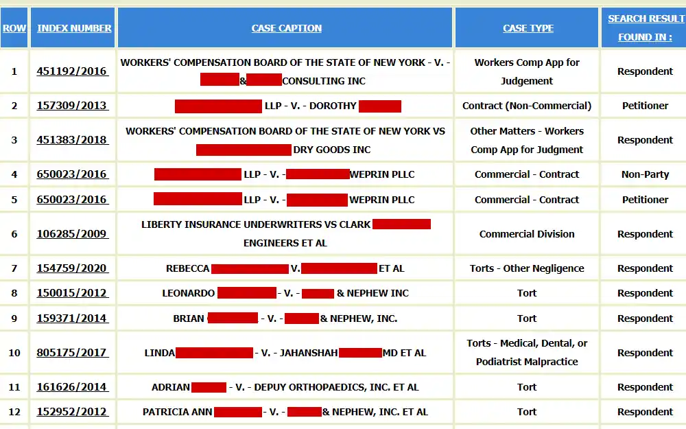 A screenshot of cases from the New York Courts - Supreme Court Records Online Library (SCROLL) page with their index number, case caption and case type.
